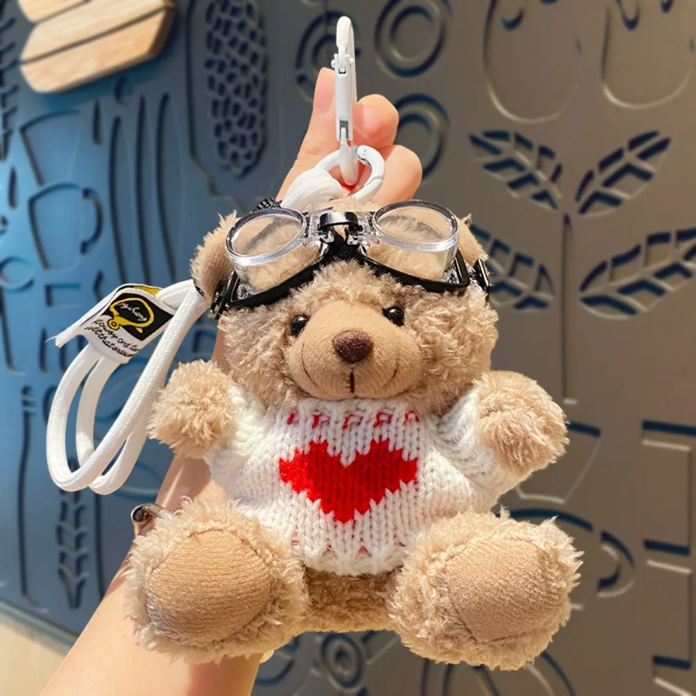 Car Key Chain Goggles Pilot Bear Keychain Pearl Bell Plush Bear Key Ring Hanging Rope Pink Stuffed Animal Pendant Bag