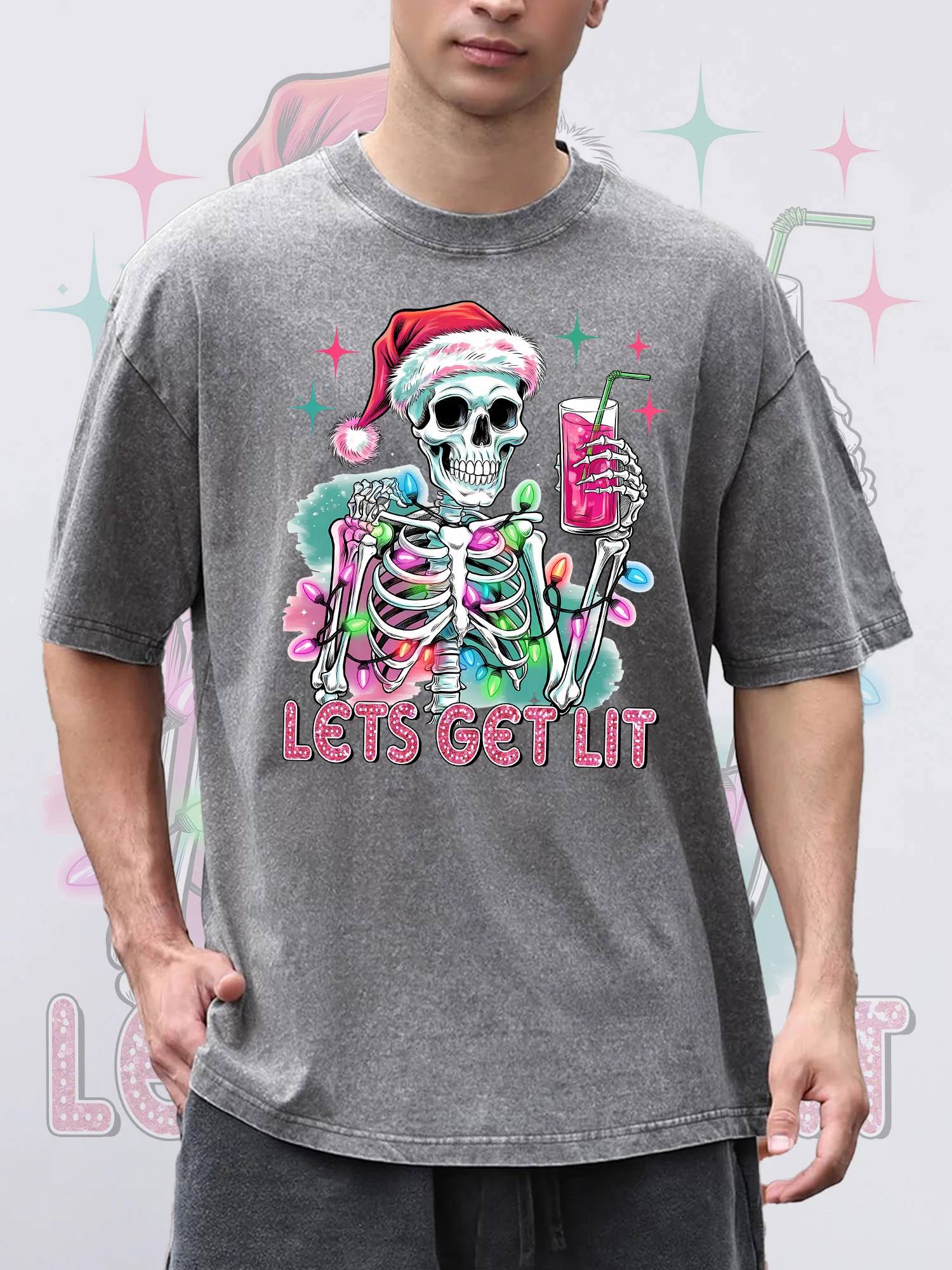 

Men's T-Shirts LETS GET LIT Printed Grey Short-Sleeve Crew Neck Loose Summer 100% Cotton Acid Washed Christmas Theme T-Shirt