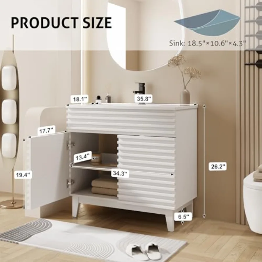 36 Bathroom Vanity with Sink Combo: Mid-Century Freestanding Wood-Striped Cabinet, Adjustable Shelf, Undermount White Single Si