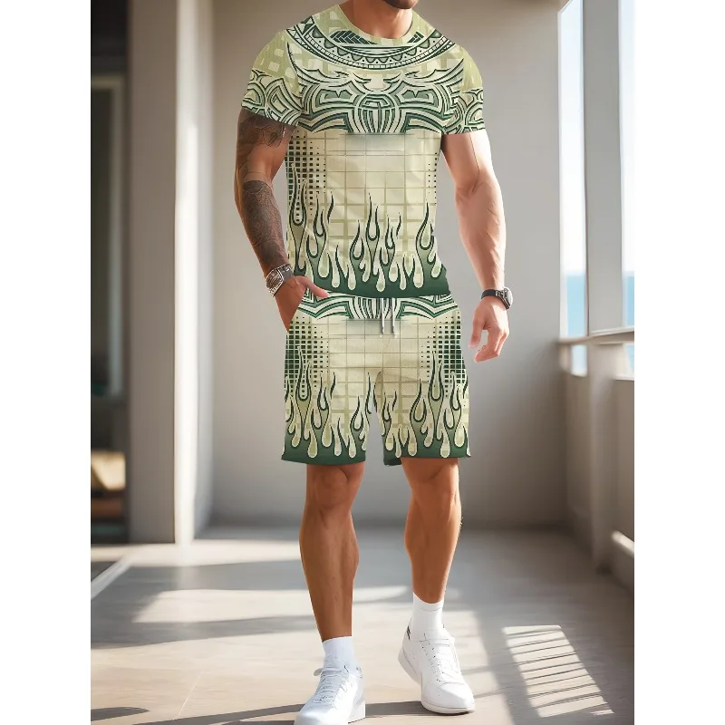 2025 New Summer Fashion 3D Digital Geometric Line Painted Print Men's Shorts Short Sleeved Set Round Neck T-shirt Two-piece Set