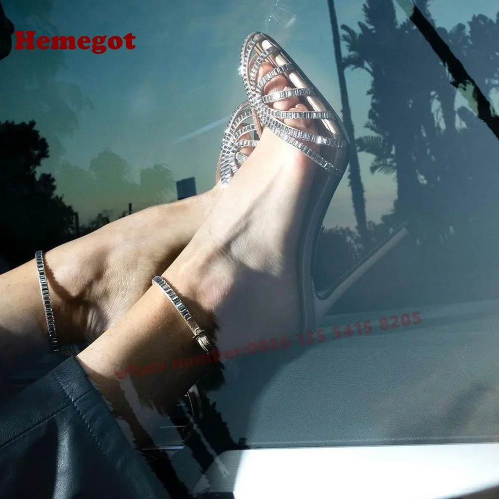 Champagne Crystals Slingback Sandals Round Toe Stiletto Heels Buckle Women\'s Sandals Hollow Out Rhinestone Sexy 2025 Summer
