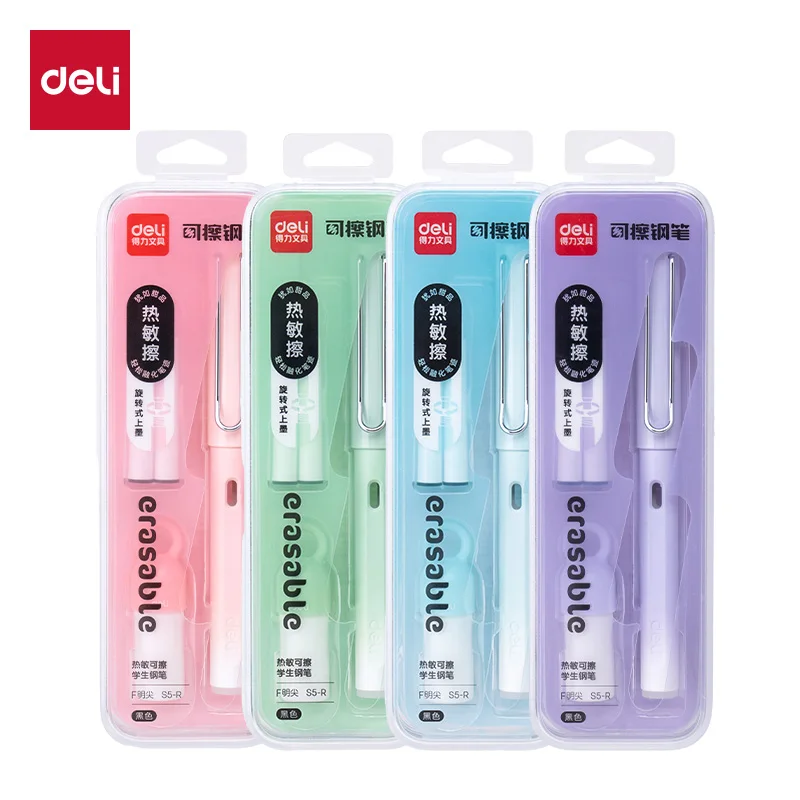 1 Card Set Deli S5-R Eraserable Fountain Pen with Black Ink - Includes 1 Fountain Pen 1 Lubricator 2 Ink Bags And Eraser Cap