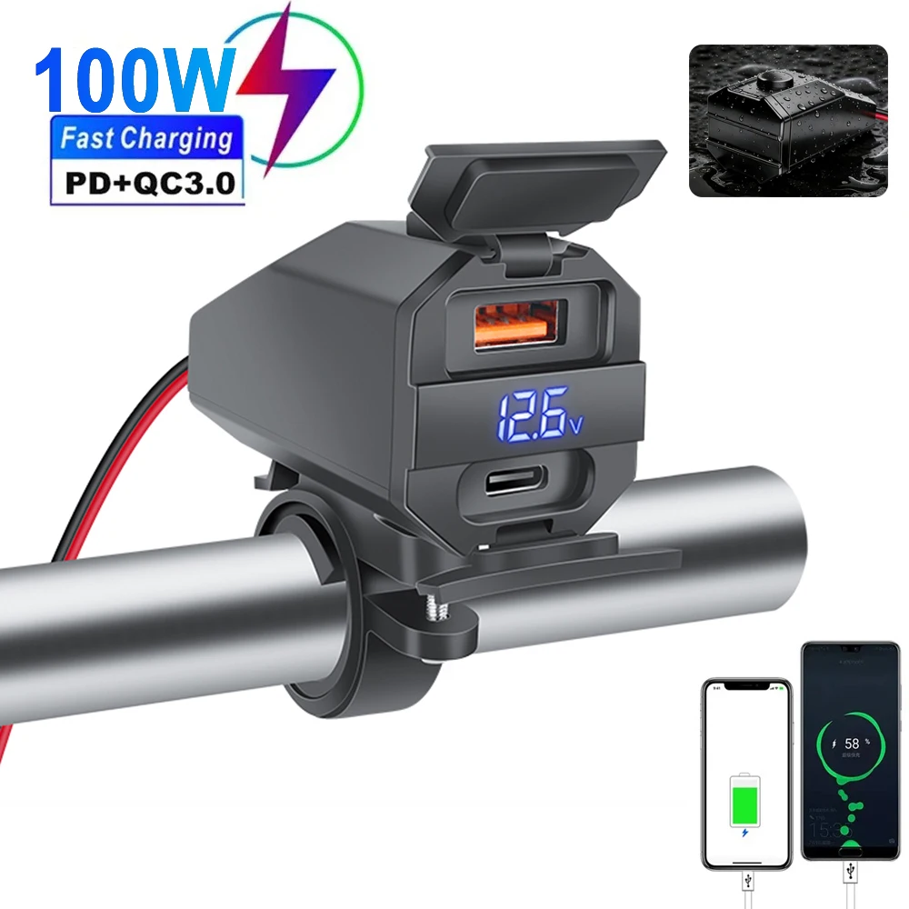 

USB-зарядное устройство для мотоцикла, быстрое зарядное устройство PD QC3.0, водонепроницаемая розетка с цифровым вольтметром, аксессуары для мотоциклов