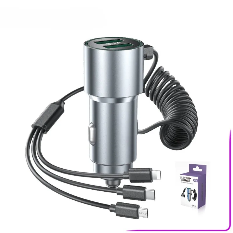 

K15 New Car Charger Metal USB Fast Charging with Telescopic Spring Cable One Support Three Mobile Phone Charger Wholesale