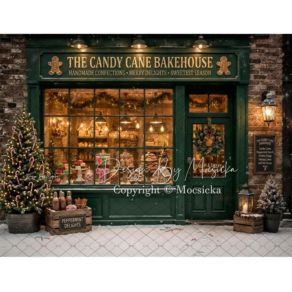 Mocsicka Christmas Gifts Shop Backdrop Photography Gingerbread Candy Cane Bakehouse Store Front Background Winter Family Photo