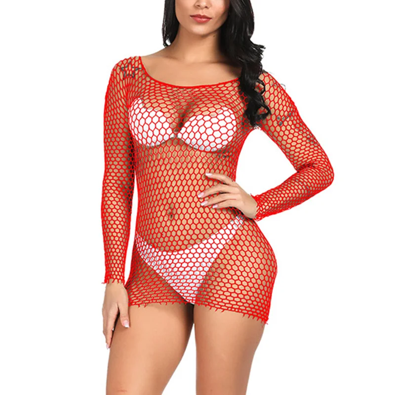 Women Mesh Black White Basic T Shirt Fishnet Bodystocking Hip Wrap Night Dress Sexy Long Tee Shirts Hollow Out Long Sleeve Tops