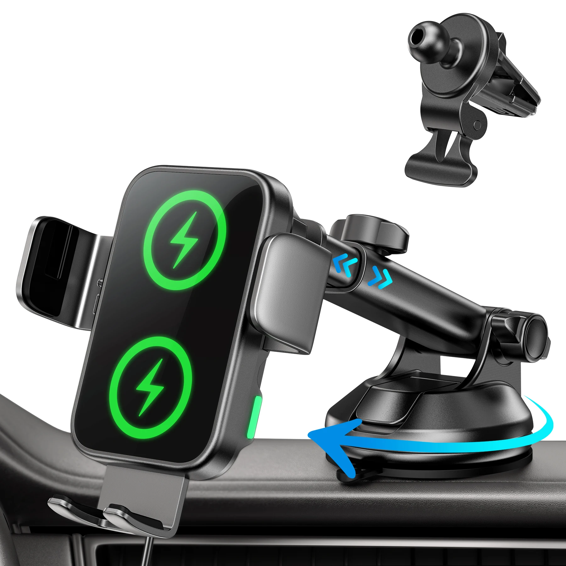 

Dual Coil 15W Wireless Car Charger Air Vent Dashboard Auto Clamping 360° Rotation Phone Charging Holder for iPhone S25 S24 S23