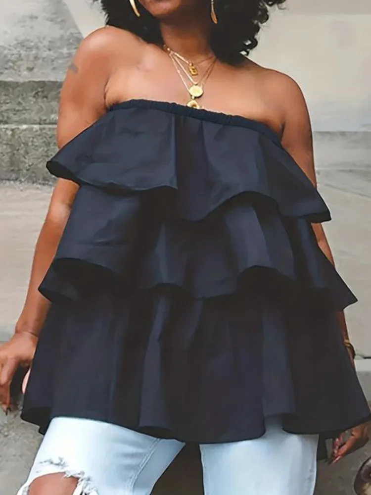 Yeezzi-Chaleco de tubo para mujer, Tops de moda de verano, Color blanco y negro, camisetas de calle con volantes en capas, elasticidad suelta, 2024