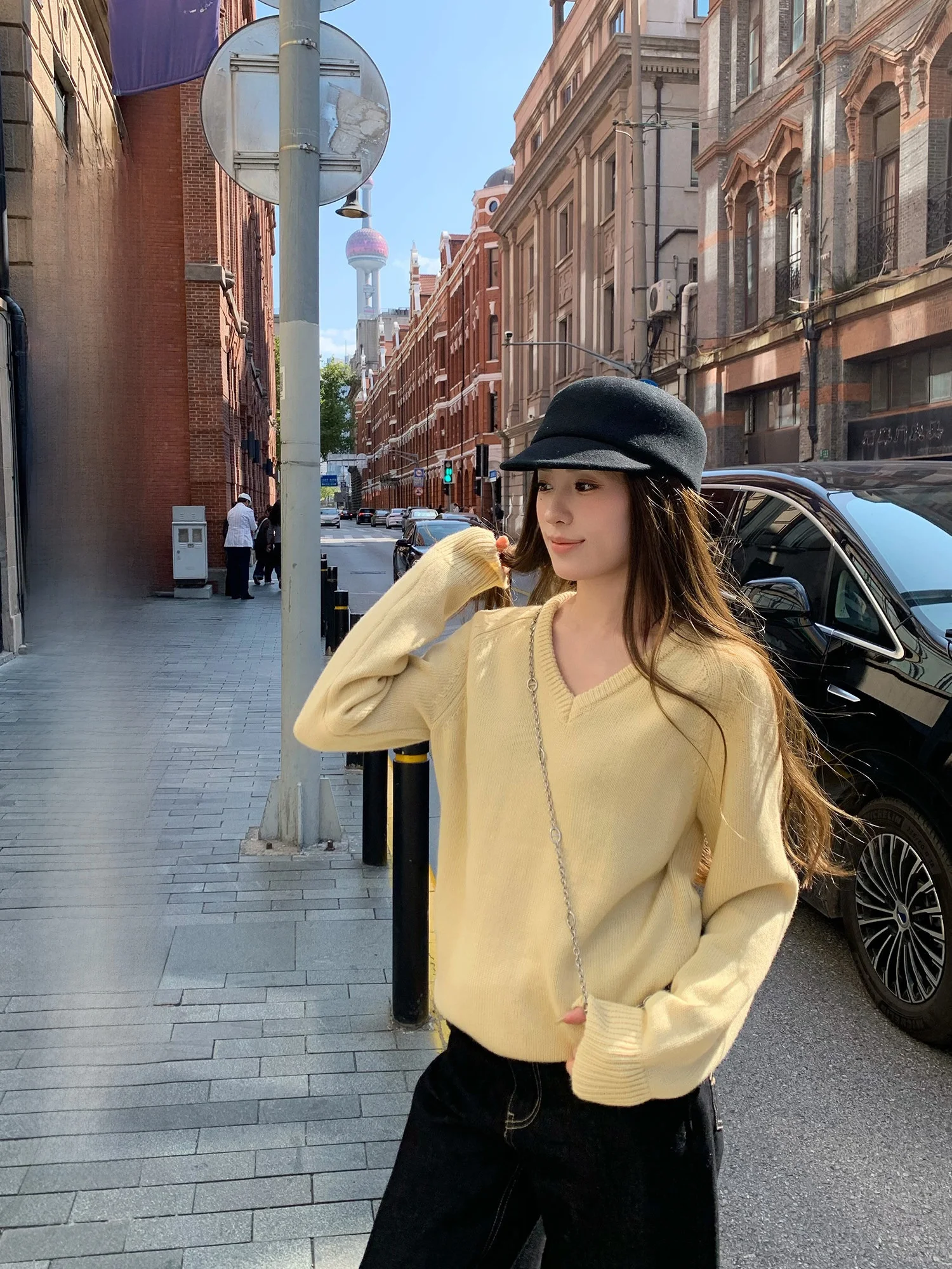 

Soft Woolen V-ne Sweater Women's Sli Slimming Winter Knitted Top Yellowi White Comfortable Fit Long Sve Crew Ne