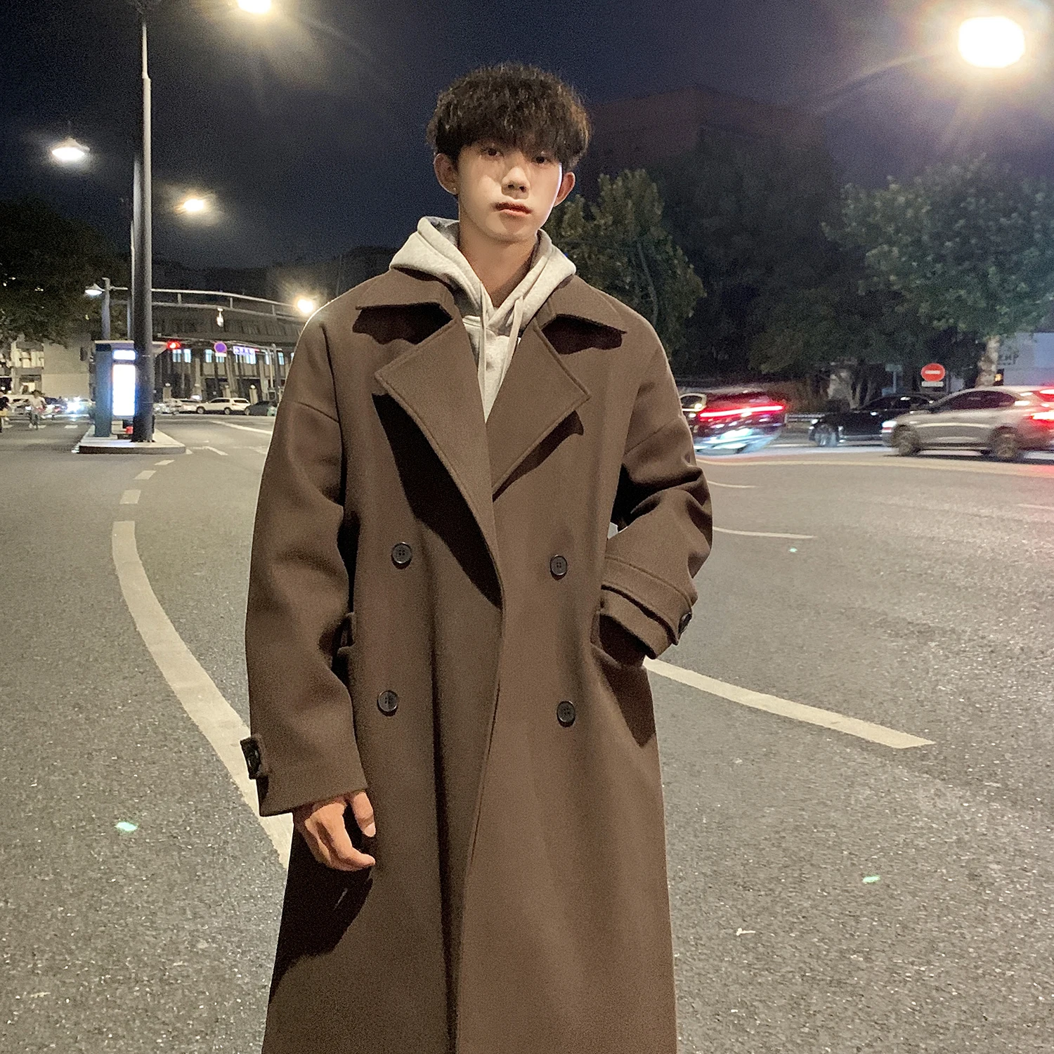 

Korean Sle Early Autumn Men's Woolen Coat Long Brown Jaet Coat Warmth Faionable Casual Loose Fit Polyester Fiber
