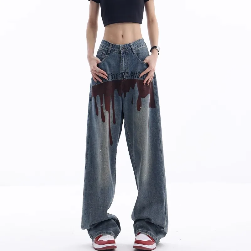 

WCFCX STUDIO FashionHigh Street Jeans For Woman Wide Leg Denim Trousers Vintage Graffiti Pants High Waist Casual Pants