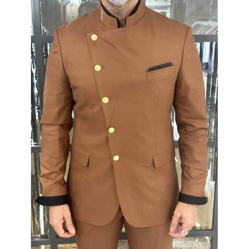 

Solid Color Men Suits 2 Piece Jacket Pants Slanted Single Breasted Stand Lapel Formal Occasion Terno Casual Blazer Costume Homme