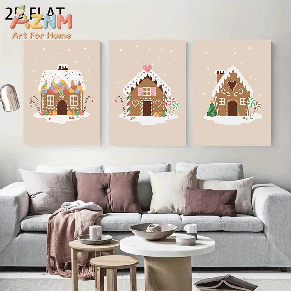 AZNM Neutral Beige Tone Christmas Gingerbread House Canvas Wall Art, Cute Candy Cane Xmas Cartoon Print Painting for Bedroom Liv