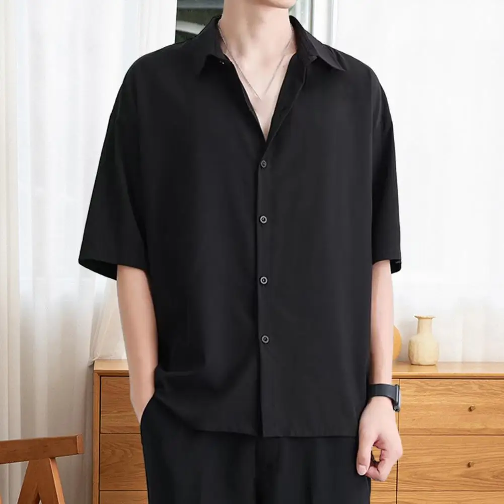 

Loose Fit Shirt Breathable Solid Color Men's Summer Shirt with Turn-down Collar Single-breasted Design for Casual Comfort Short