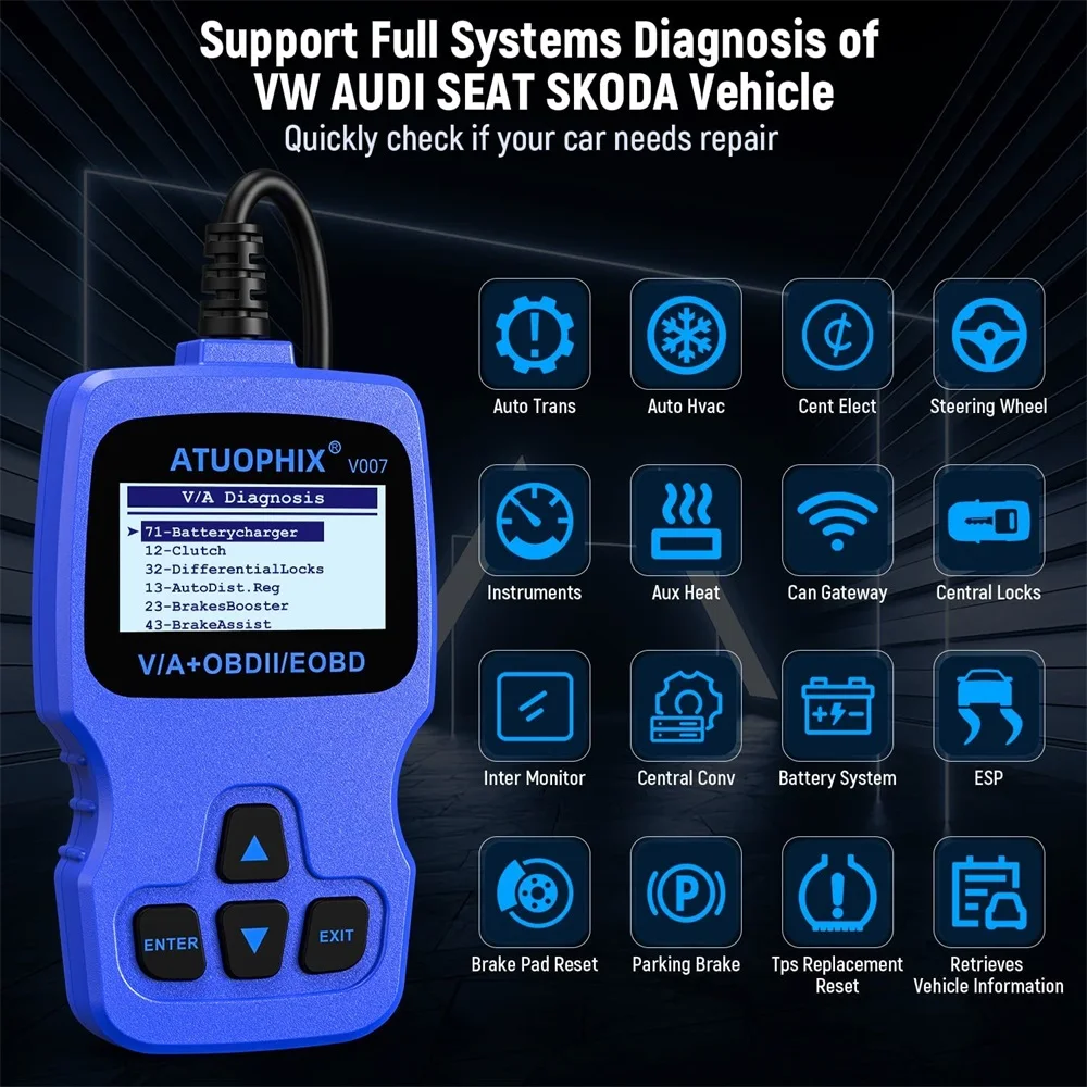 Autophix V007 OBD2 Automotive Scanner Car Diagnostic Tool for Golf 4//5/6/7 T5 Polo Passat b5 b6 ABS EPB Oil Reset Scan Tool