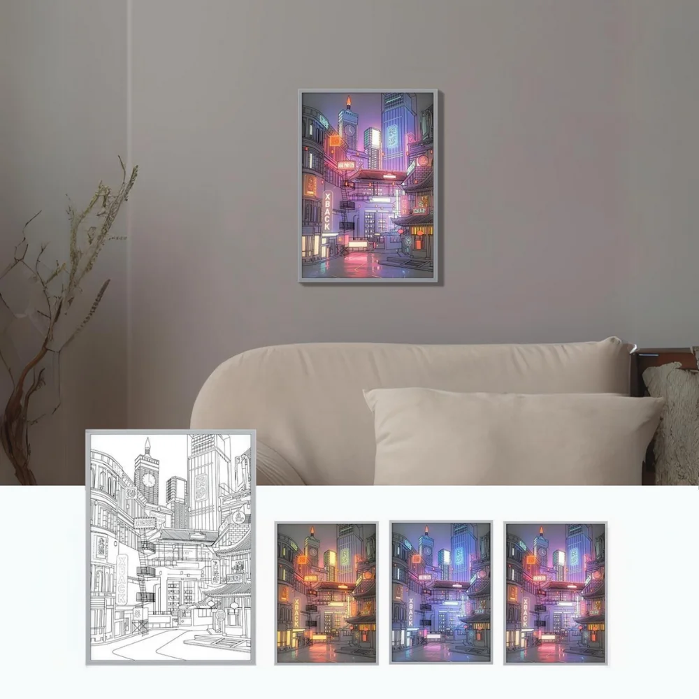 LED Anime Art neon city night view mood light painting,HD picture narrow bezel usb plug Dimming home decorations night lamp gift