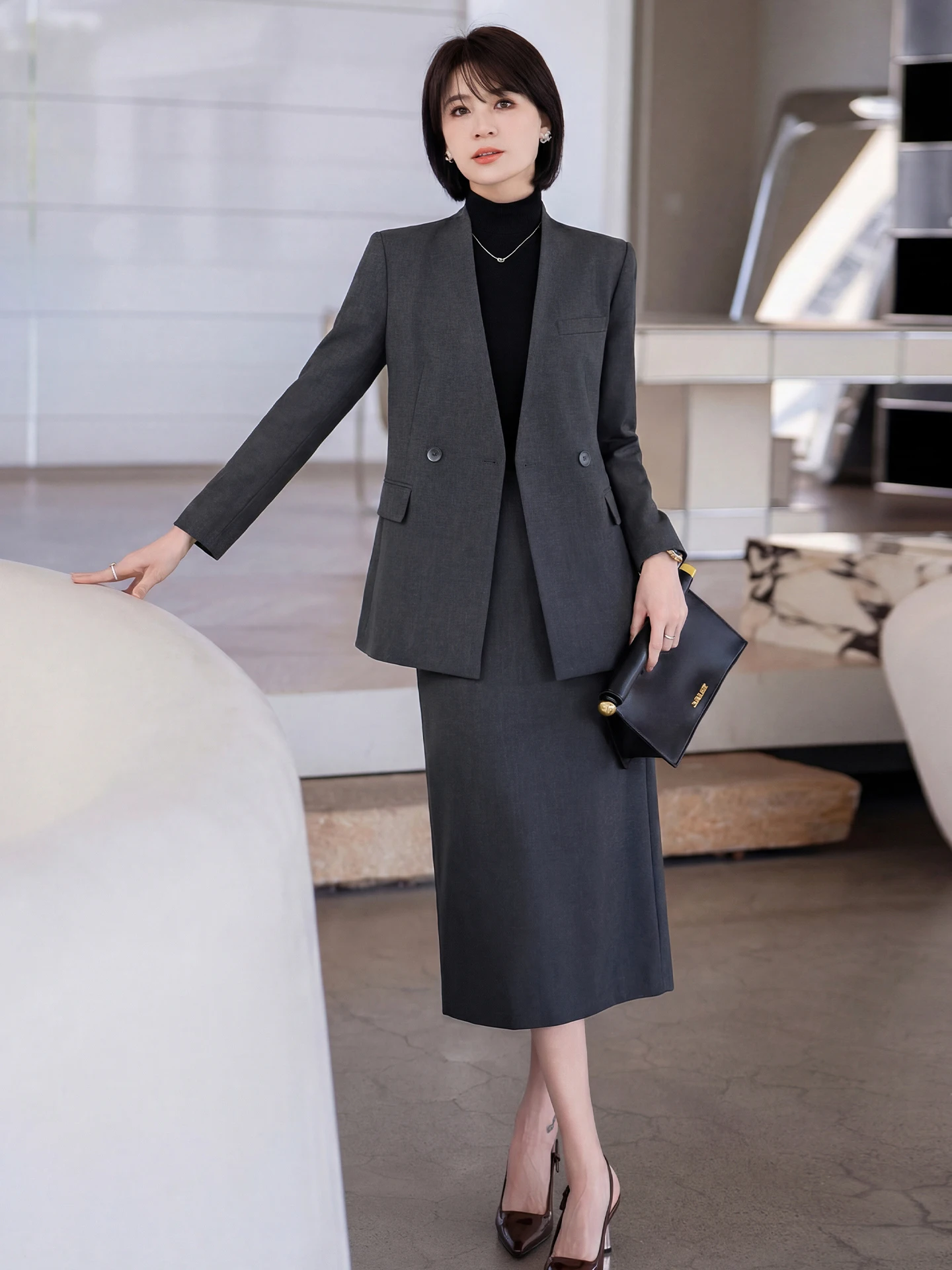 

Ele Profional Suiting Two-Piece Set for Women Jiang Feifei Brand Commute Ready High Waist Skirt And Button-Up Top