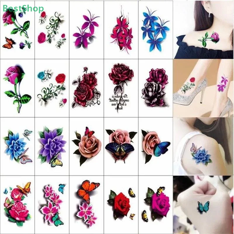 20 fogli adesivi per tatuaggi temporanei impermeabili con fiori e farfalle, adesivi per il corpo rimovibili sexy, moda donna, di lunga durata