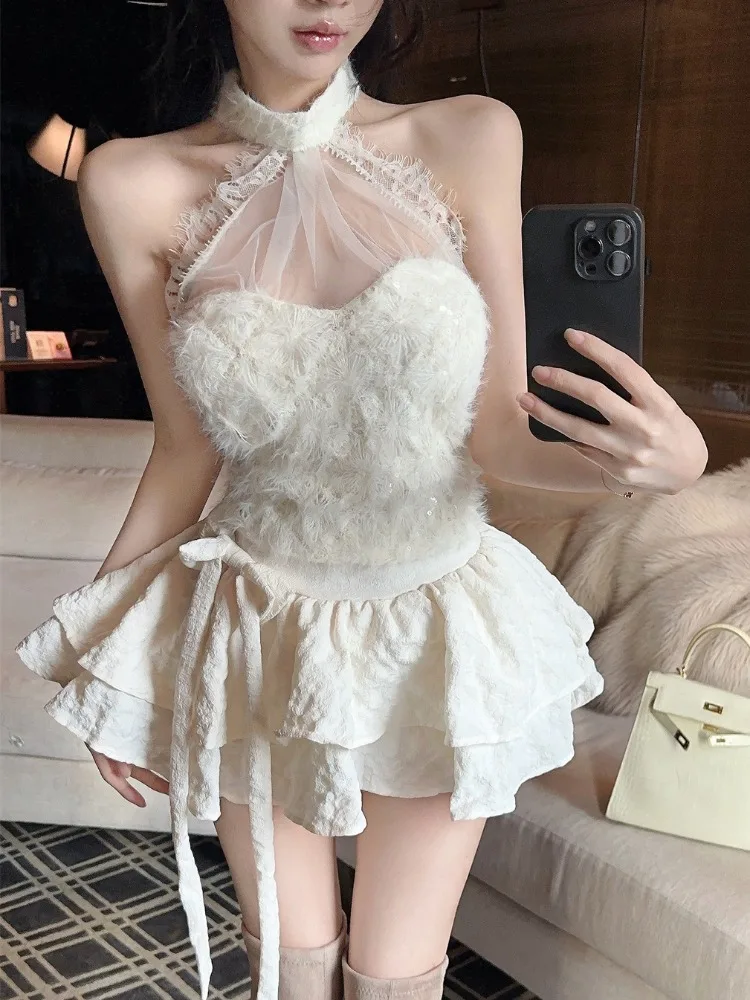 

Pure Desire Mesh Neck Hanging Sequin Furry Vest Top High Waist Slimming Half Body Cake Skirt Set Korean Style Commute Fashion