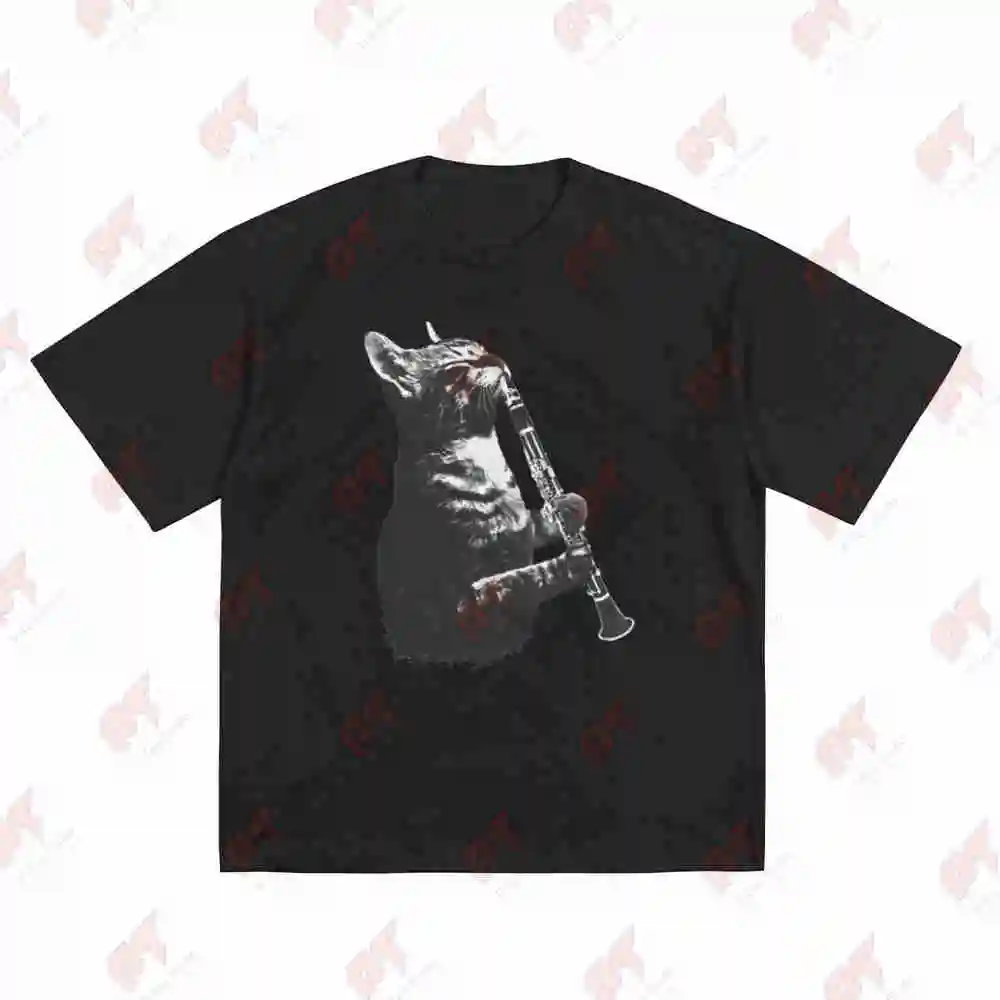 Cat Playing Clarinet Musician Woodwind Short Sleeve Tee 100% Cotton T-Shirt