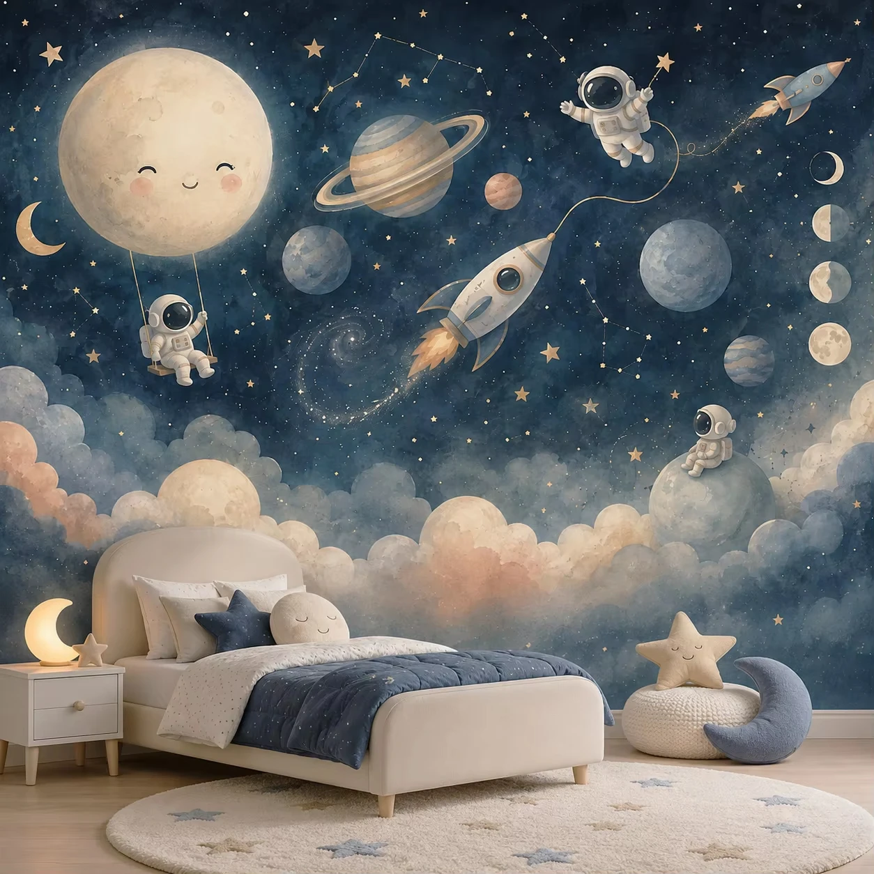 Custom Size Cartoon Space Astronaut Wall Mural Cute Planet Rocket Wallpaper Wall Art for Boys Nursery Kids Bedroom mural