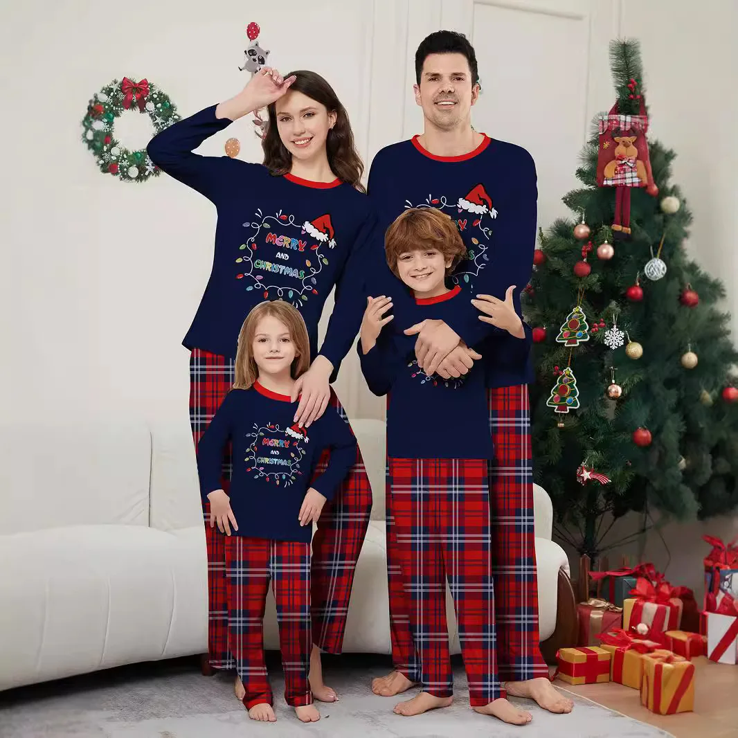 

New Year family wear Christmas parent-child wear hats colorful lights letter prints parent-child pajama home wear checkered sets