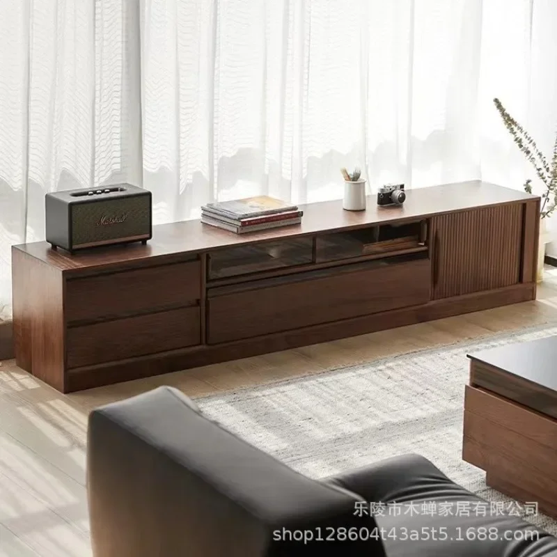 All solid wood TV cabinet, black walnut small apartment, low cabinet, multi-functional living room laser projector
