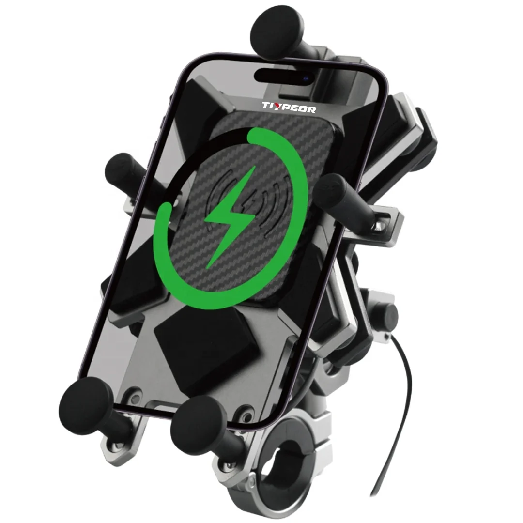 

CNC aluminum universal motorcycle phone holder with Qi 15w wireless charger and shock absorber motorcycle phone holder