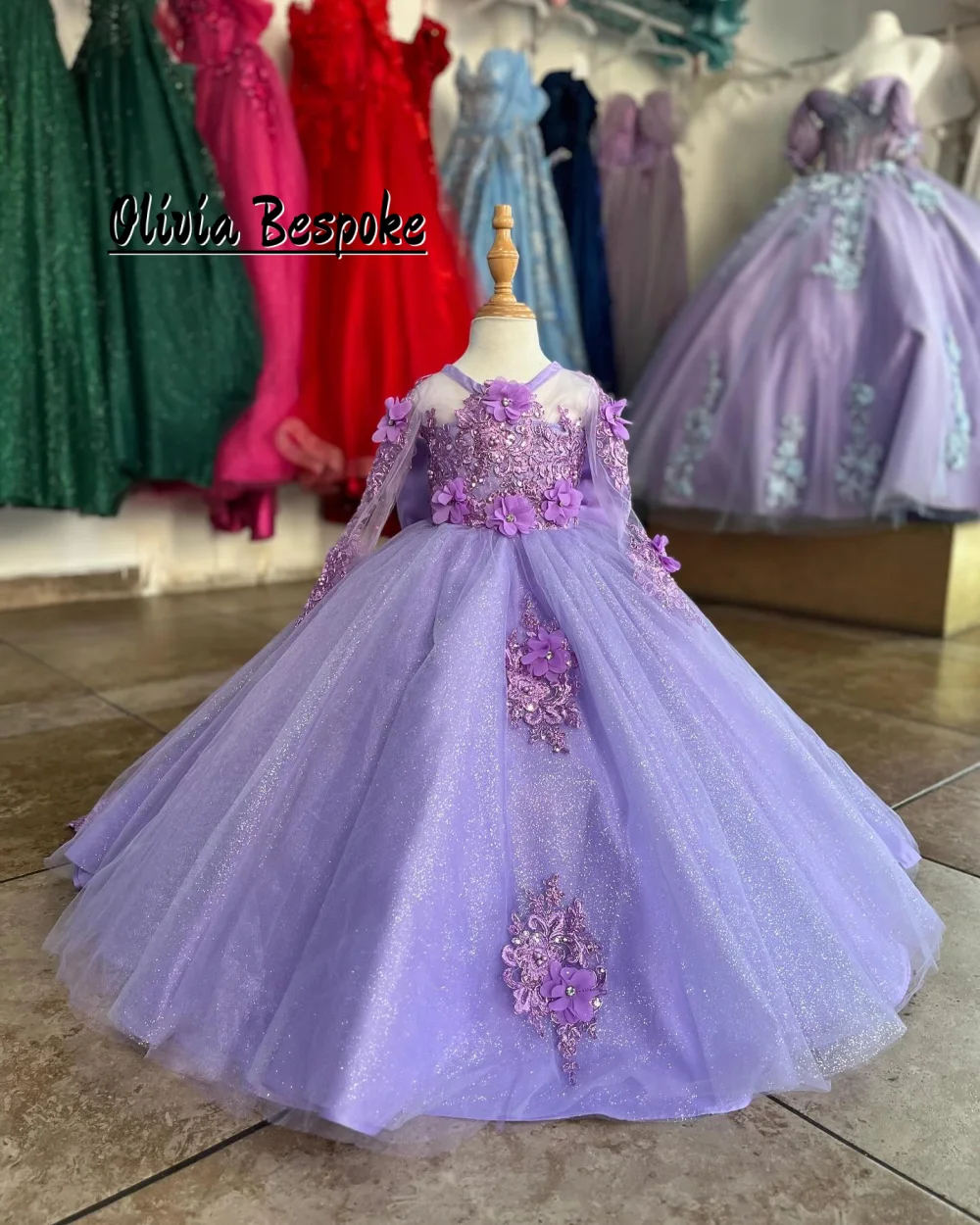 

Lavender Long Sleeve Flower Girls Dresses For Wedding Party Lace Applique Kid's Birthday Dress Princess Prom Dress Customized