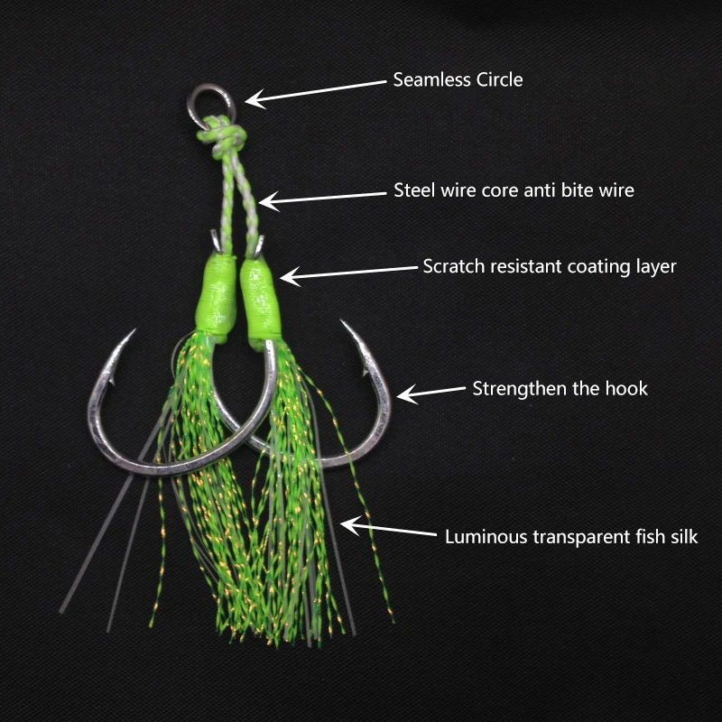 Assist Hook Saltwater For Glow Jigging High Strength Double Fishing Assist Hook Anti-Corrosion Coated Jigging Hook