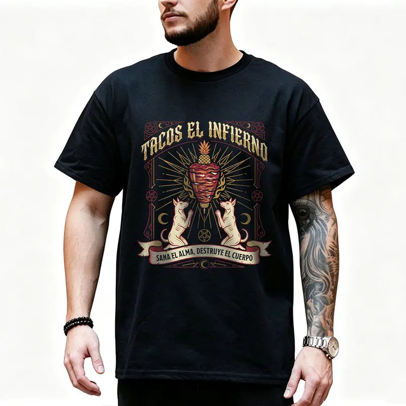 Dogs praying to meat cone Graphic T Shirt 0912 Retro Dark Humor Mexican Culture Halloween Alternative Art Tee