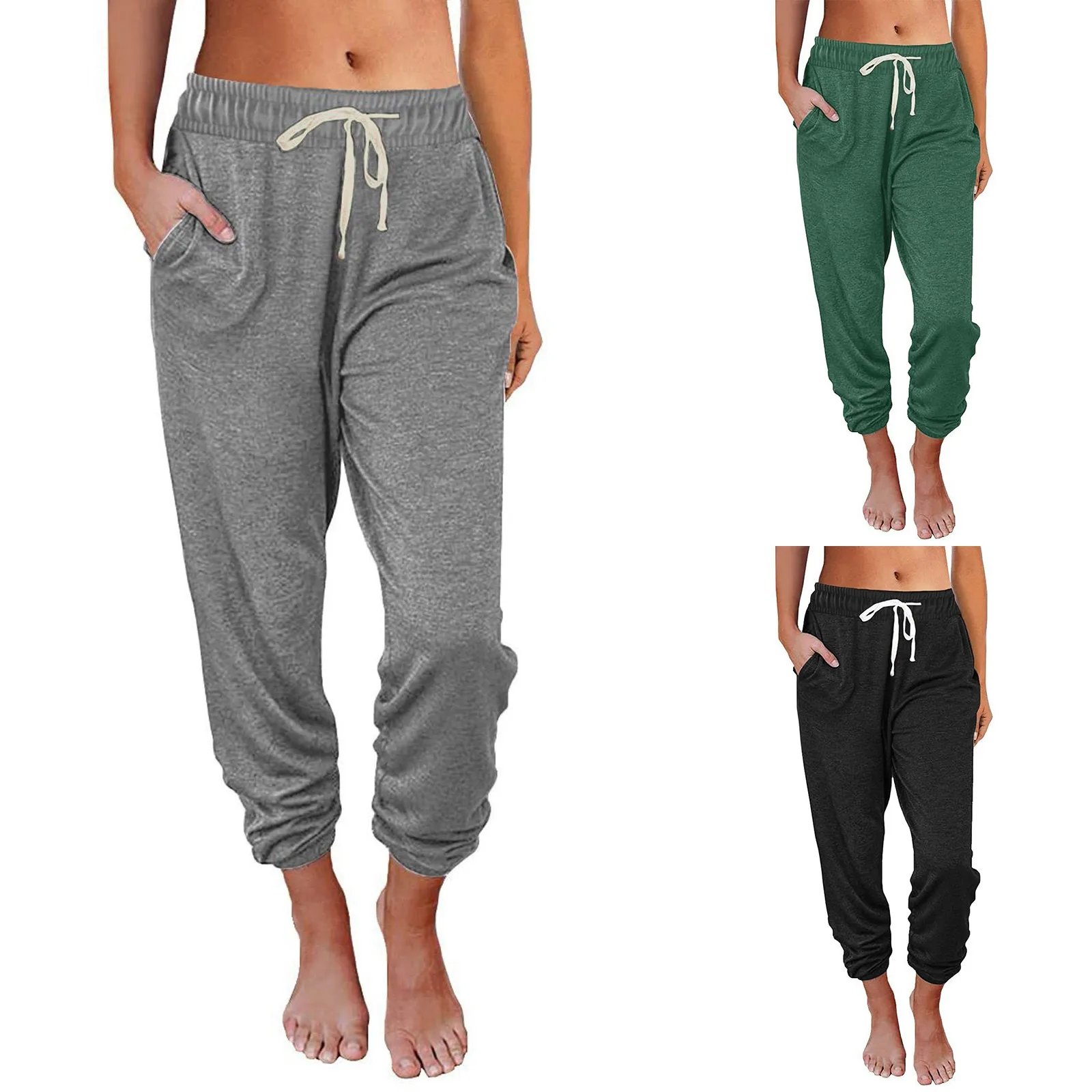 2024 Spring Summer New Cropped Pants Casual Loose Pocket High Waist Leggings For Women Drawstring Solid Straight Leg Sweatpants