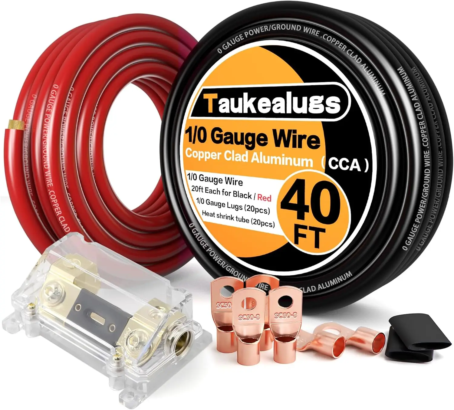 1/0 Gauge CCA Batterijkabelset 40FT Zwart Rood Automotive Power Ground Wire met zekeringhouder