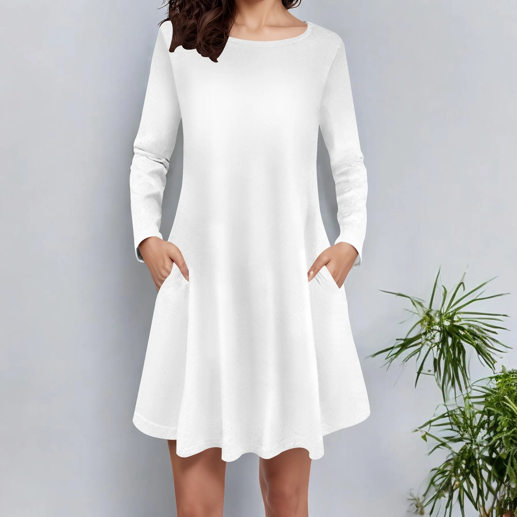 Abito da donna casual ampio a maniche lunghe, mini abiti altalena semplici in tinta unita con tasca