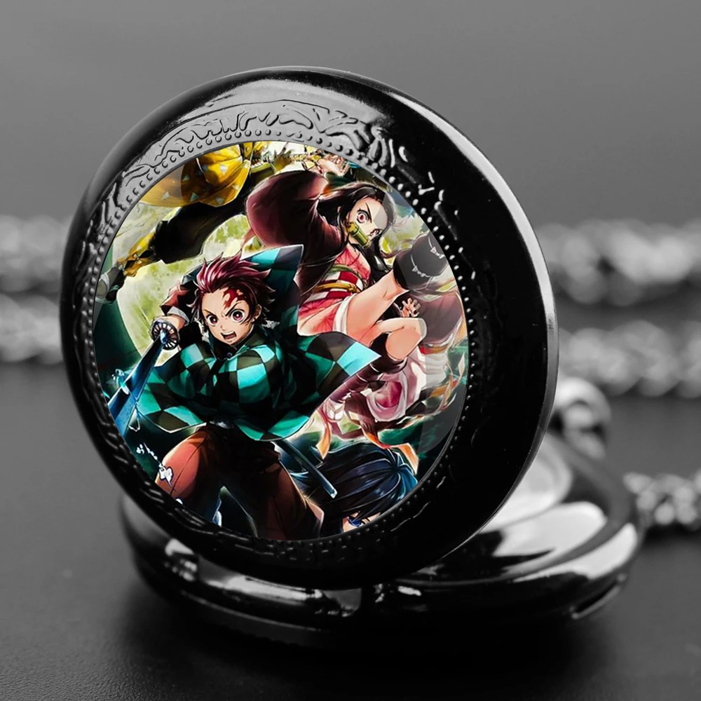 Demon Slayer Tanjiro Nezuko Orologio da tasca al quarzo per donna Uomo Collana Ciondolo unico Orologio a catena nero Accessori regalo