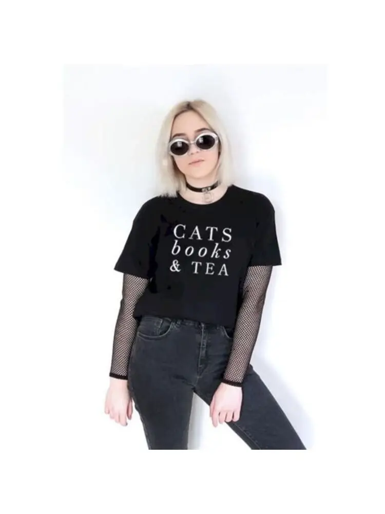 Cats Books & Tea Letters Print T-shirt Tumblr T Shirt Women Fashion Hipster Tshirt Graphic Tees Shirts Summer Women Clothes