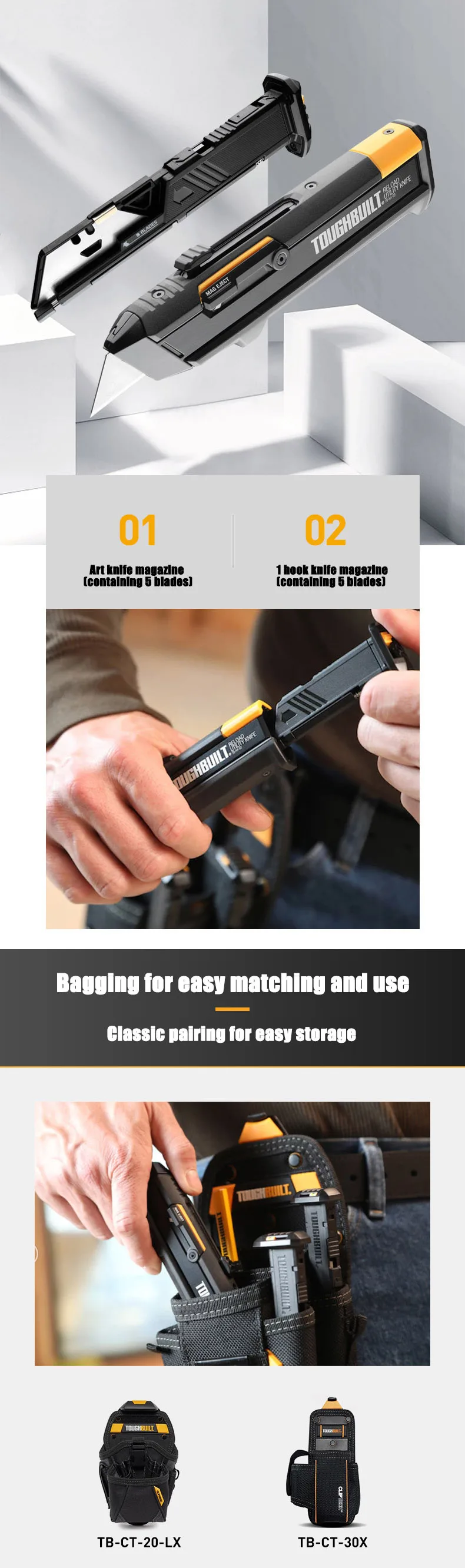 TOUGHBUILT TB-H4S2-03 Multifunktionales Kunstmesser mit Doppelklinge und Magazin, Austauschbares Manuelles Schneidwerkzeug, Mehrzweckmesser – Detail 2