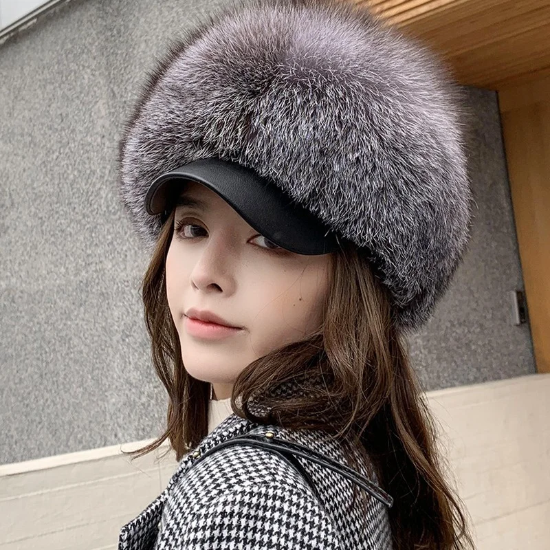 

Winter Women's Warm Fur Hat Casual Luxury Fox Fur Ear Protection Cap New Outdoor Fluffy Soft Fox Fur Winter Hat