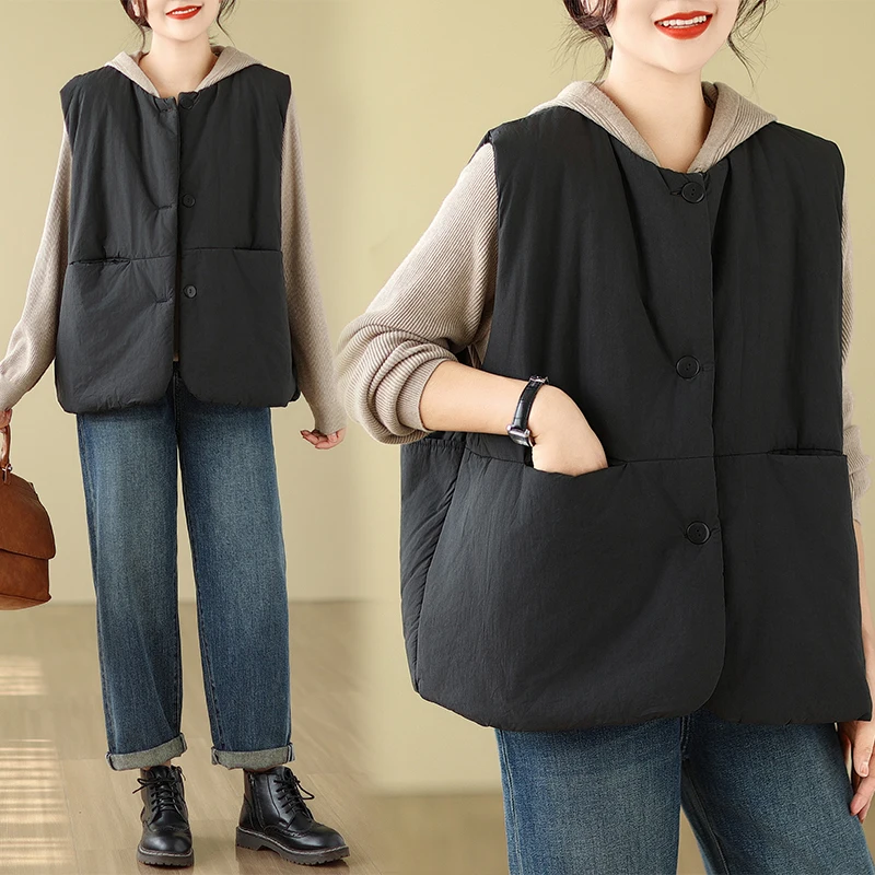 

Warm Cotton Jaet Women's Faionable Loose ort Vest Retro Color oulder Pad Outerwear Autumn 2024 round Ne Singl...