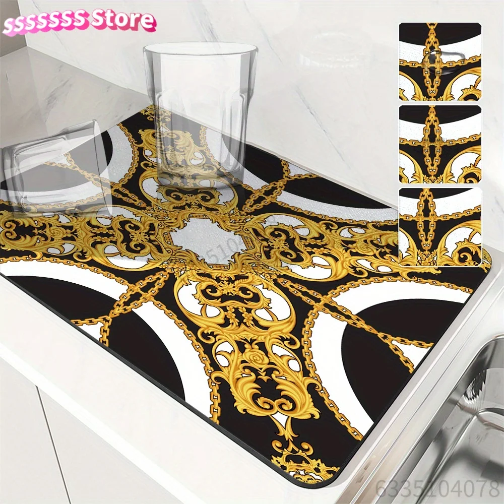 

1PC European Baroque Style Pattern Dish Drying Mat, Absorbent Polyester Kitchen Sink Drainer Pad, Coffee Machine Placemat, Water