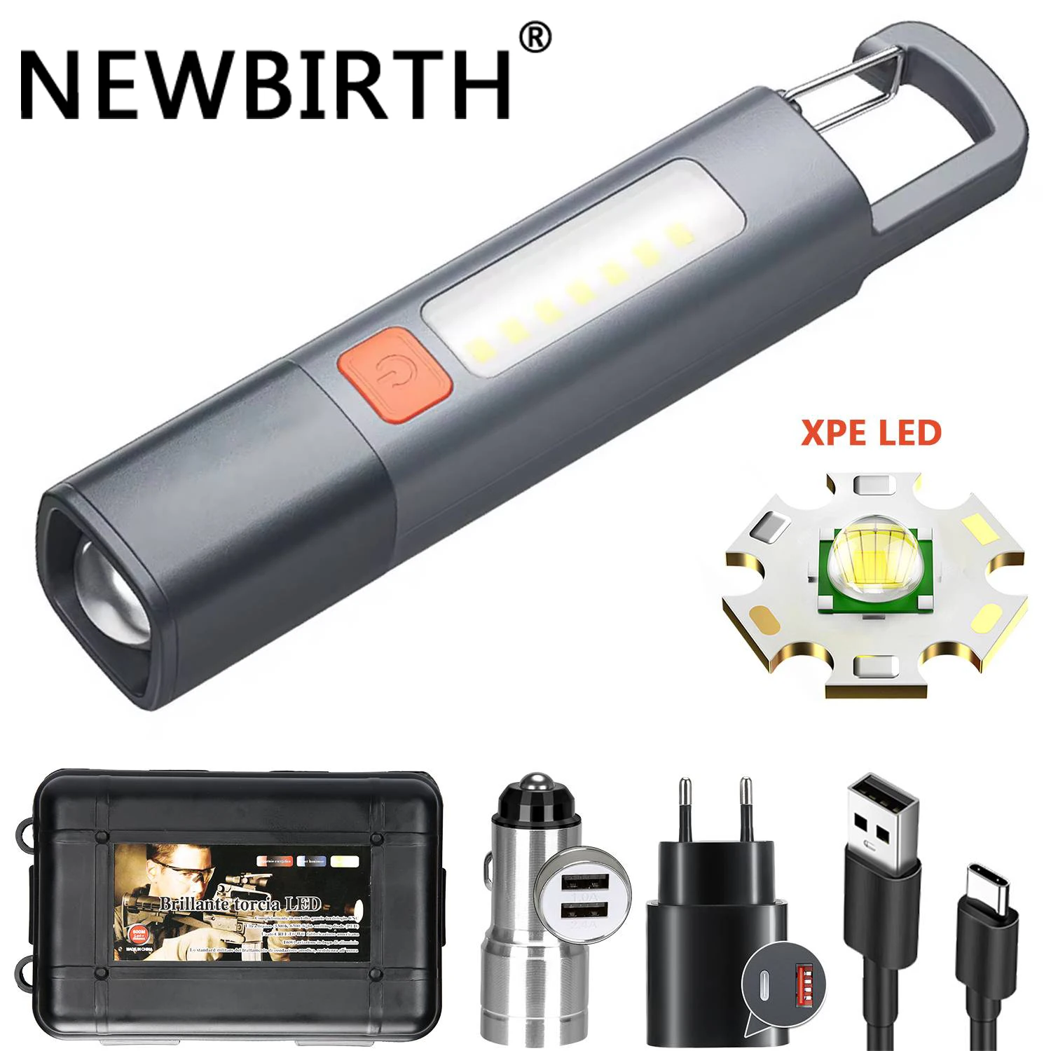 

Mini LED Torch Light XPE COB Side Light Protable Flashlight with Hook Camping Light USB Rechargeable Zoomable Waterproof Lantern