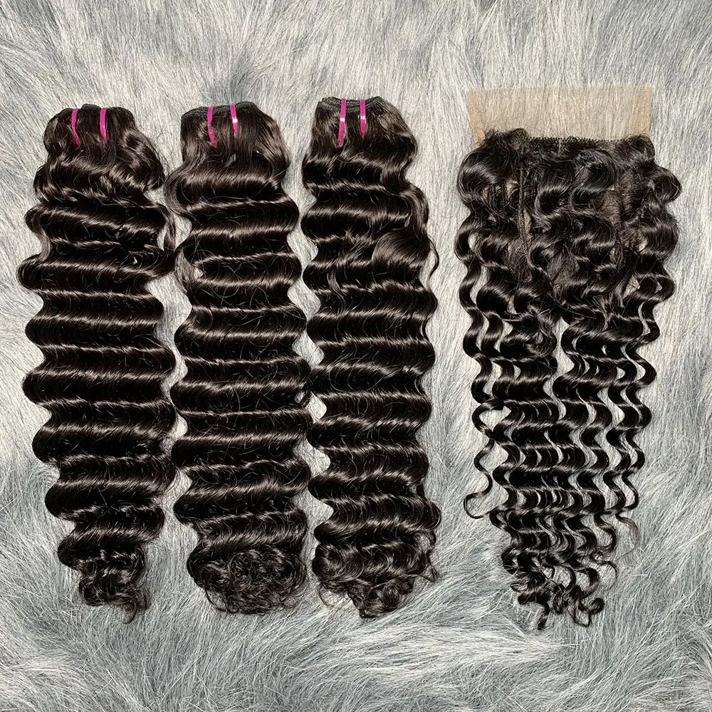 Water Wave Human Hair Bundles Curly Deep Wave 3 Bundles with Closure Brazilian Double Draw Human Hair Deep Curl 4x4 Lace Closure