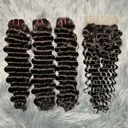 Onda de água brasileira Pacotes de cabelo humano, encaracolado, onda profunda, 3 pacotes com fechamento, sorteio duplo, onda profunda, 4x4 Lace Encerramento