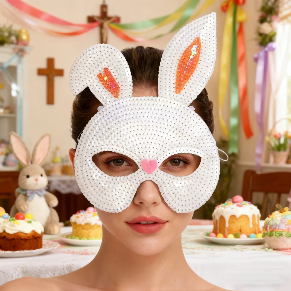 PESENAR Maschera con paillettes coniglietto pasquale con naso a cuore rosa per accessorio per costume da festa