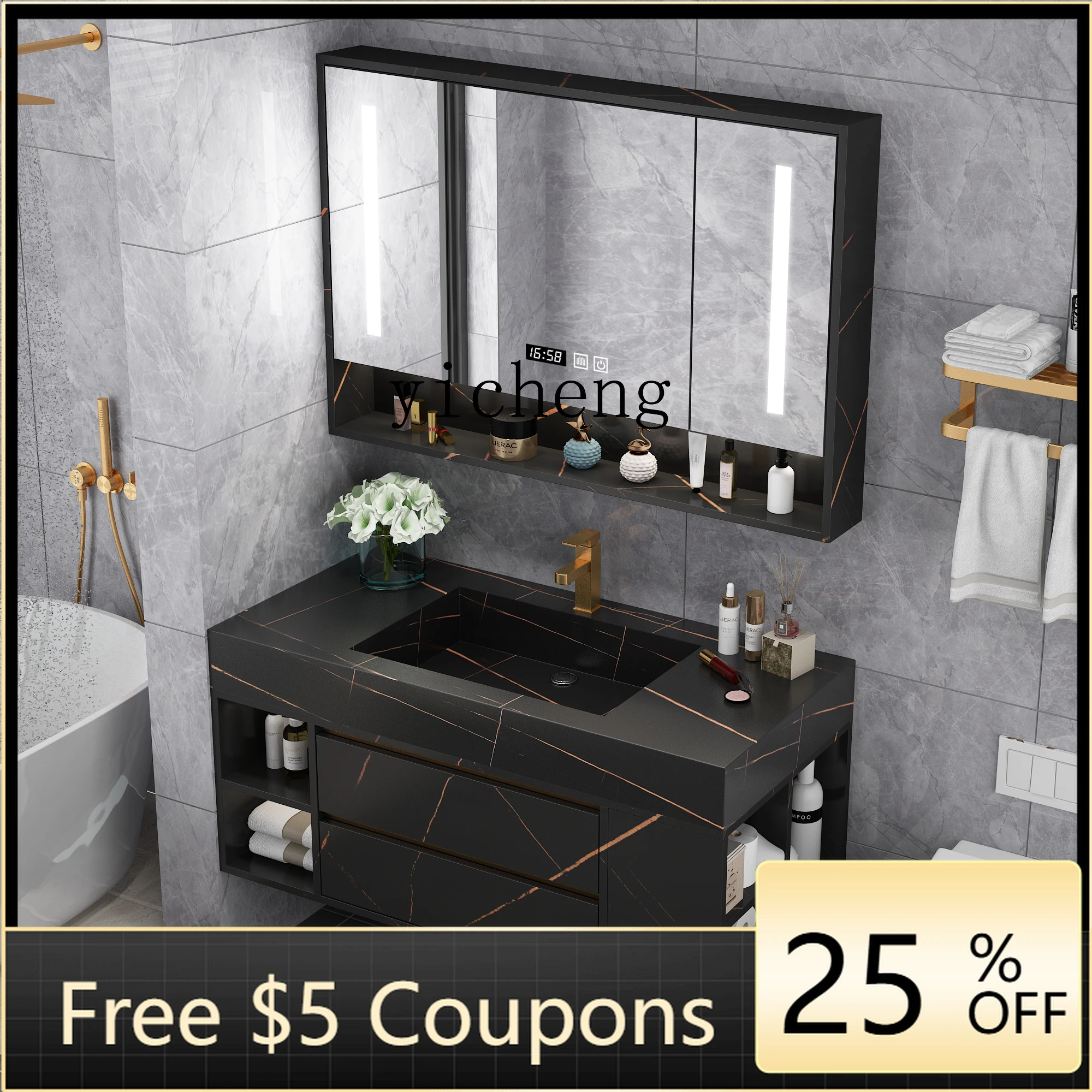 

AA Combination light luxury intelligent washstand modern rock slab hot bending integrated basin bathroom cabinet