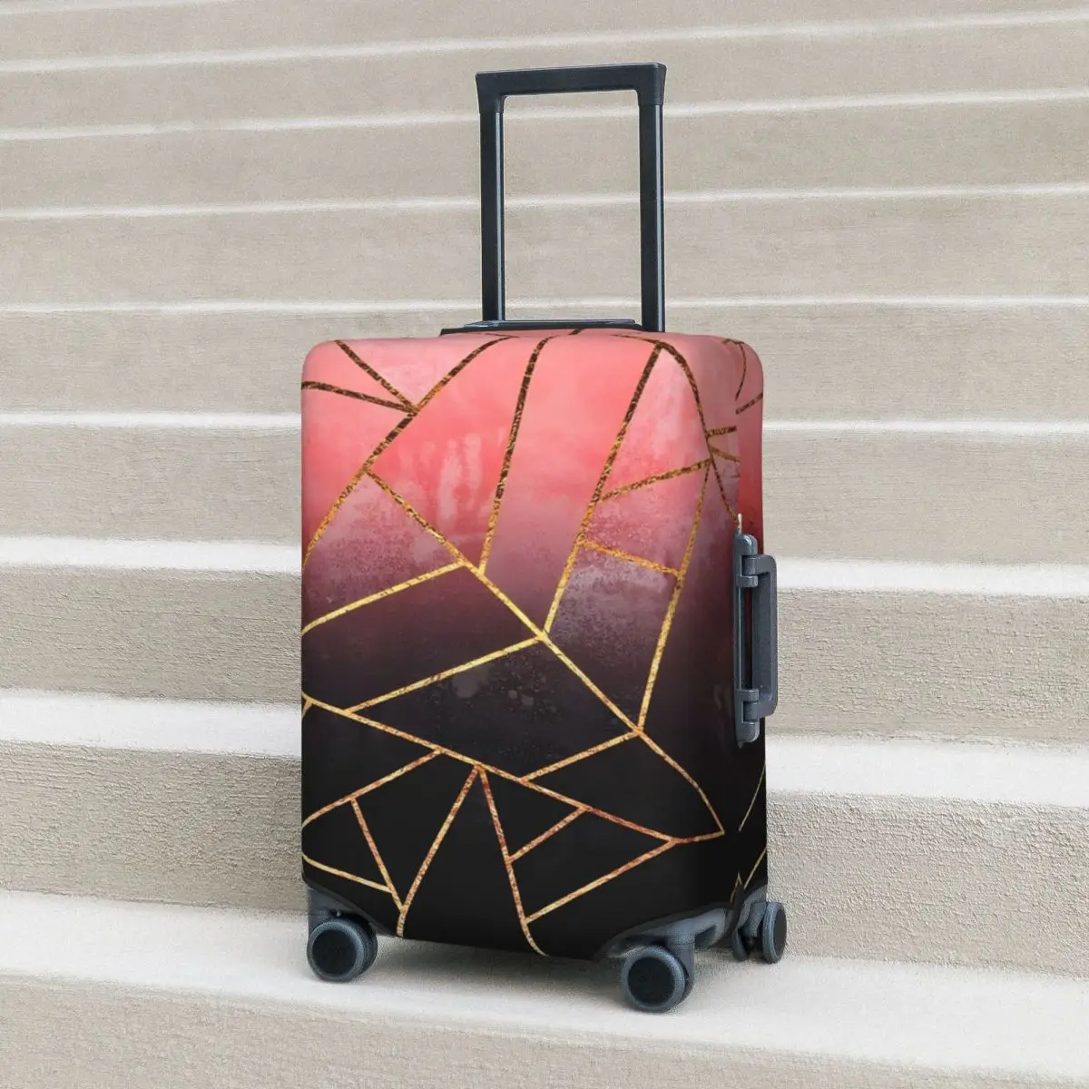

Red Marble With Golden Suitcase Cover Flight Triangles Art Elastic Luggage Case Travel Protector