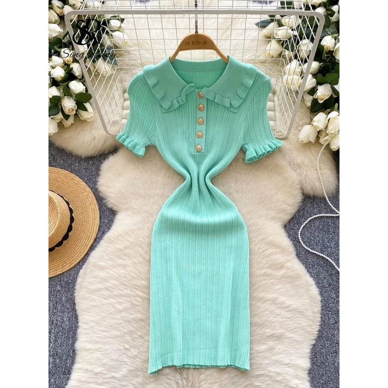 ZIXIN อเมริกัน Retro ถัก Bodycon Sundress ผู้หญิงคอปกแขนสั้น Ruffles Sheath ลาย Hotsweet ชุดสั้น