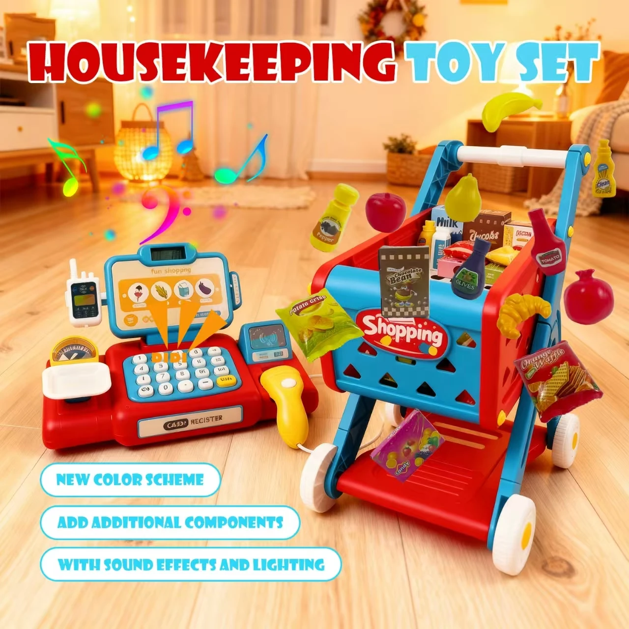 Pretend Play Supermarket Cash Register Shopping Cart Toy Electronic Sound Light Educational Groceries Toys for Boys Girls Gift