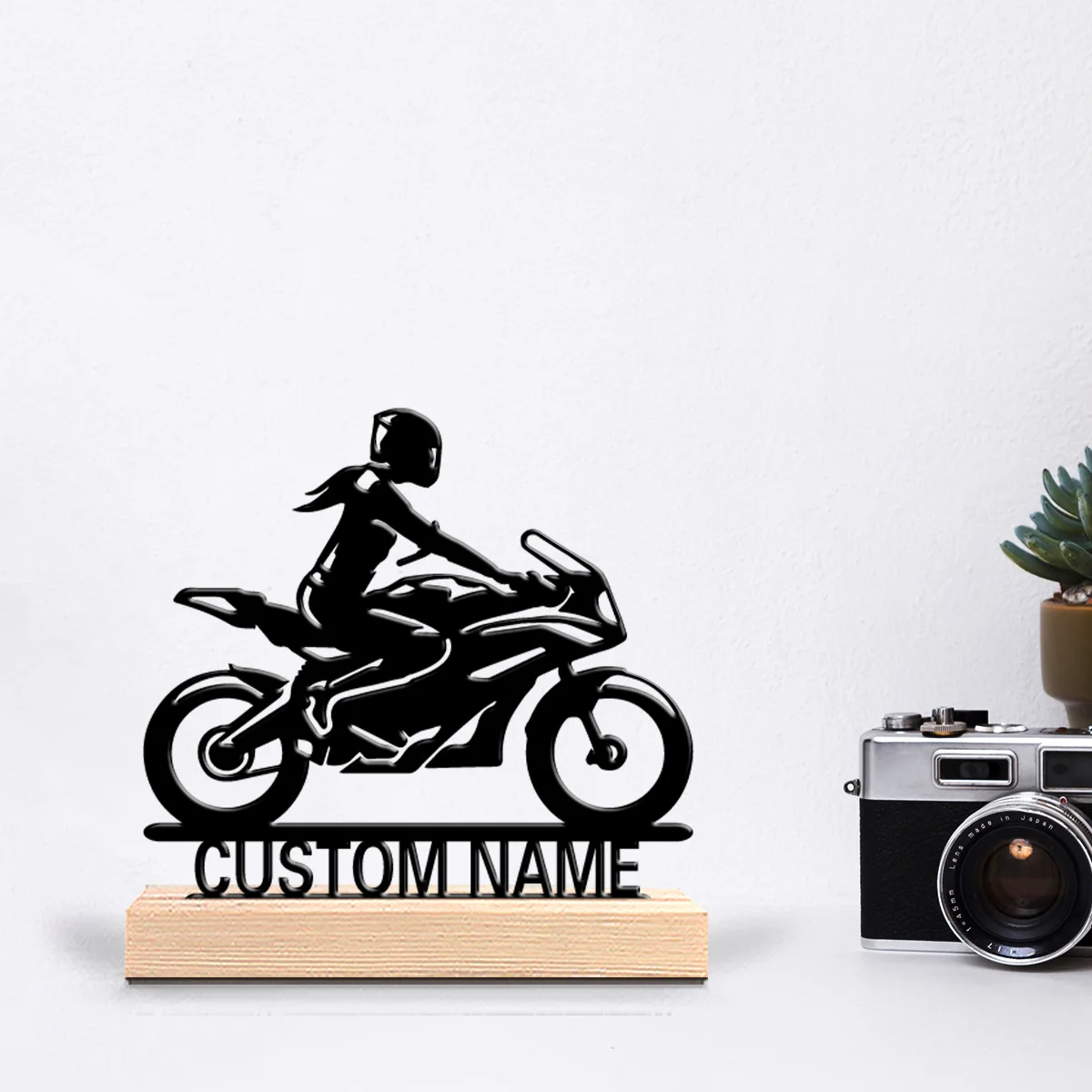 1pc Cartoon Personalized Custom Female Rider Metal Statues Wooden Base Bar Decor for Kitchen, Dining Room, Modern Rustic Themes