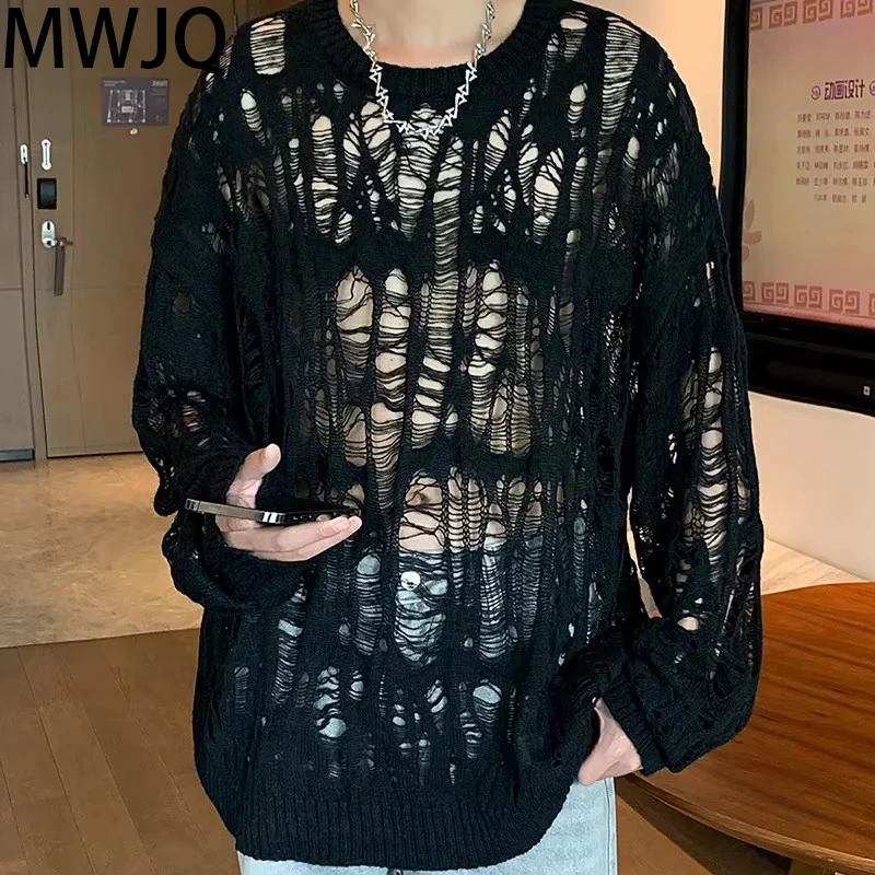

MWJQ Male Hollowout Design Hole Knitted Sweater Fashon Spring New Loose Casual Men's Clothing Black Pullover Tops Tide 010156